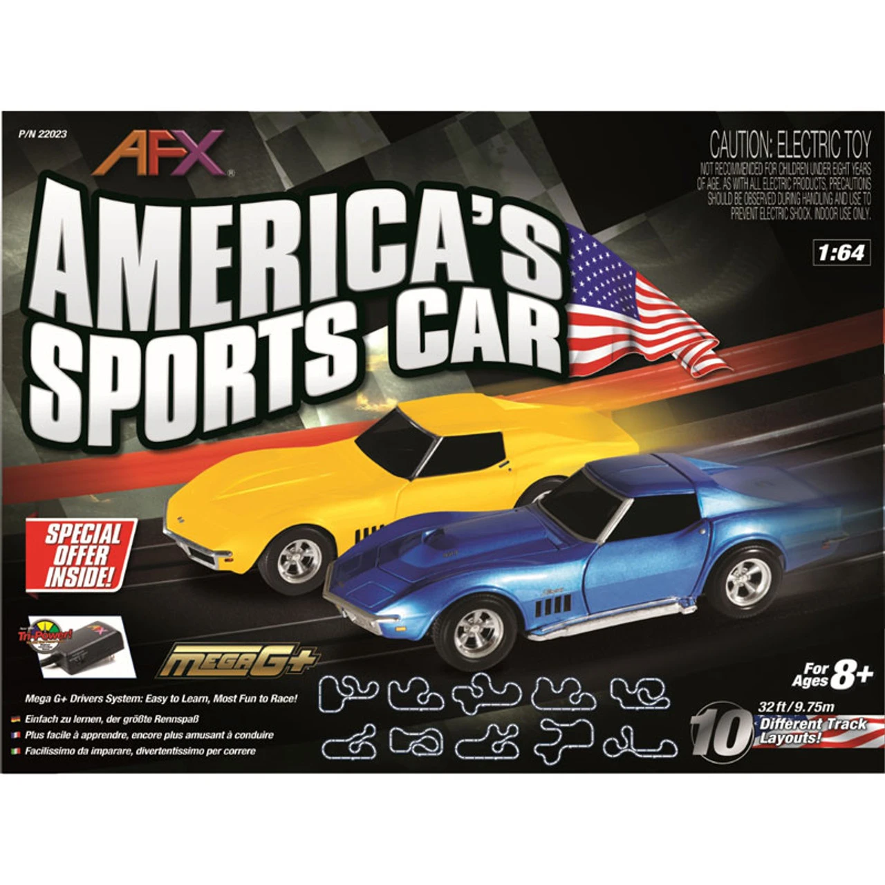 AFX America's Sports Car Chevy Corvette 32-Foot Mega G+ HO Slot Car Track Set W/Tri-Power 1 AFX America's Sports Car Chevy Corvette 32-Foot Mega G+ HO Slot Car Track Set W/Tri-Power