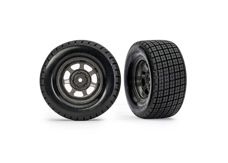 Traxxas Dirt Oval Graphite Gray Wheels With Hoosier Tires (4WD Front/Rear, 2WD Rear Only) (2) 1 Traxxas Dirt Oval Graphite Gray Wheels With Hoosier Tires (4WD Front/Rear, 2WD Rear Only) (2)